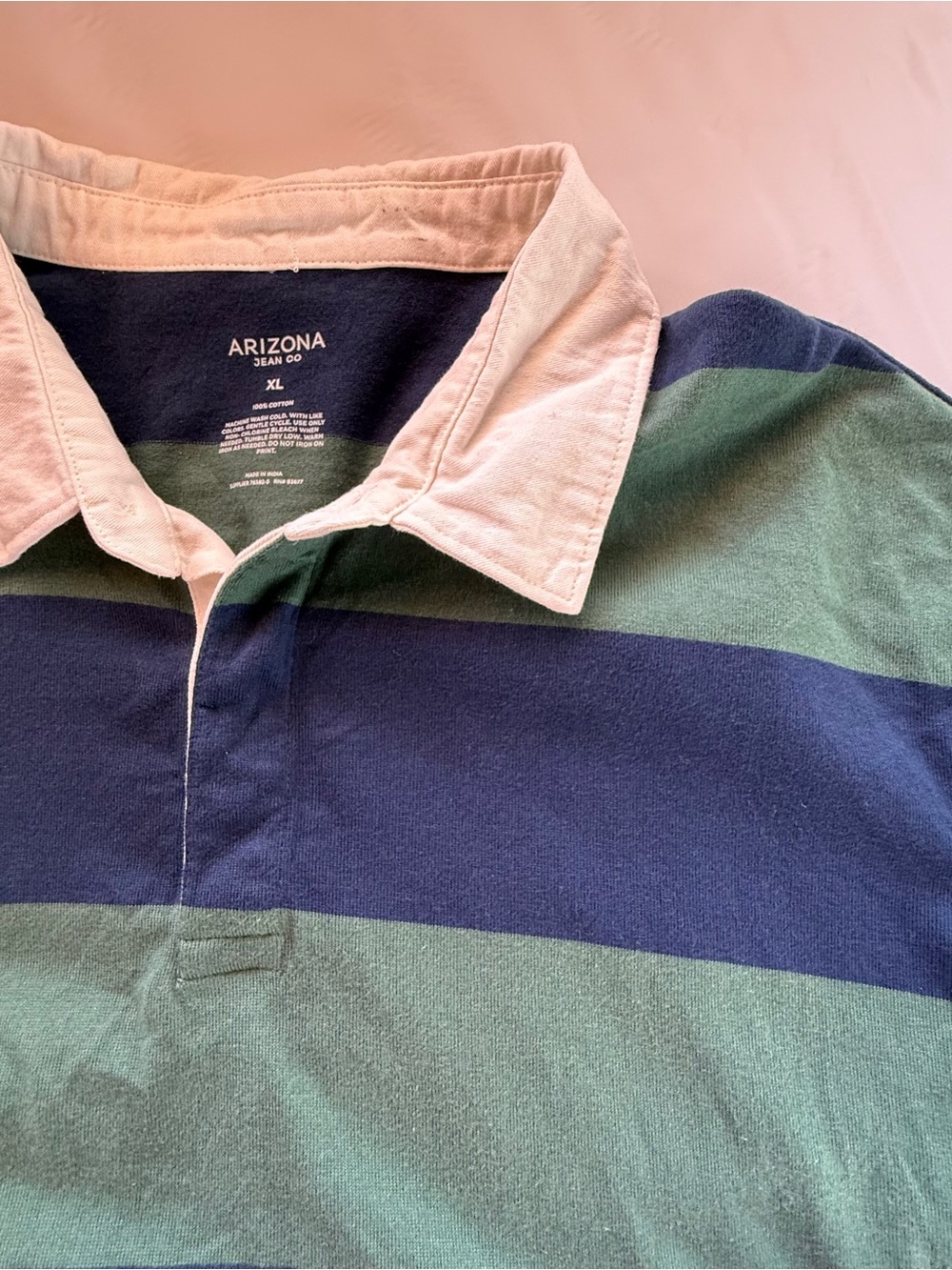 Rugby Shirt Arizona Jean Company Men’s Green & Navy Striped with White Collar